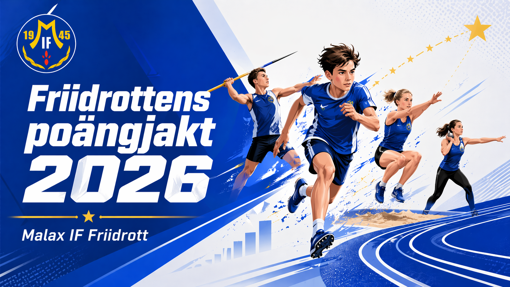 Friidrottens poängjakt 2026 AI generead bild på friidrottare som kastar spjut, löper, hoppar längd och stöter kula.