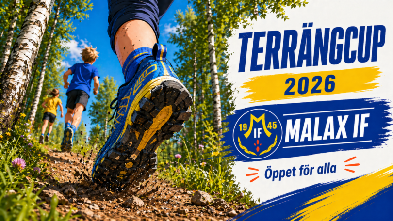 Terrängcup 2026. En AI genererad bild med barn som löper längs en stig i en somrig skog. På sidan av bilden finns infotext.